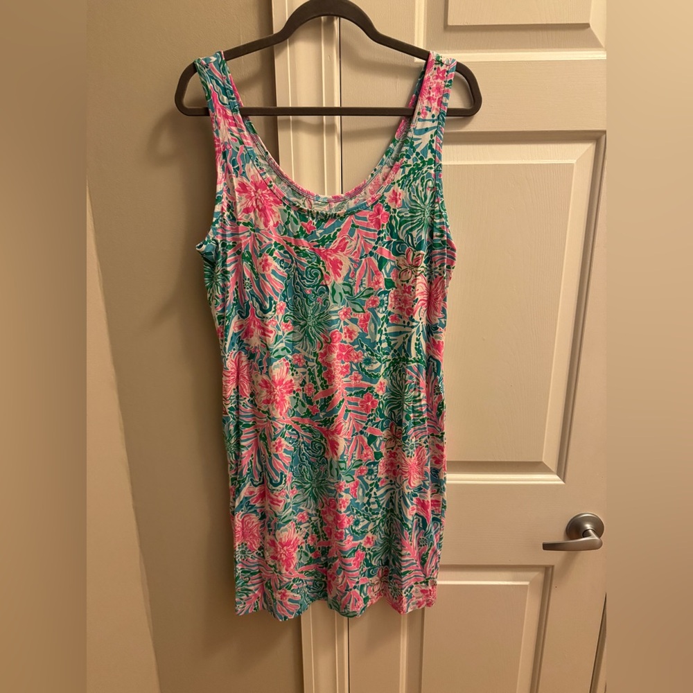 EUC Lilly Pulitzer Newberri Tank Dress in Amalfi Blue Leaf it Wild Large